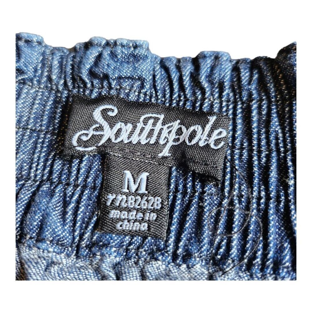 Womens Southpole Blue‎ Denim Romper Jumper Sz Medium Gold Sequin Y2K Shorts Logo - Picture 3 of 13